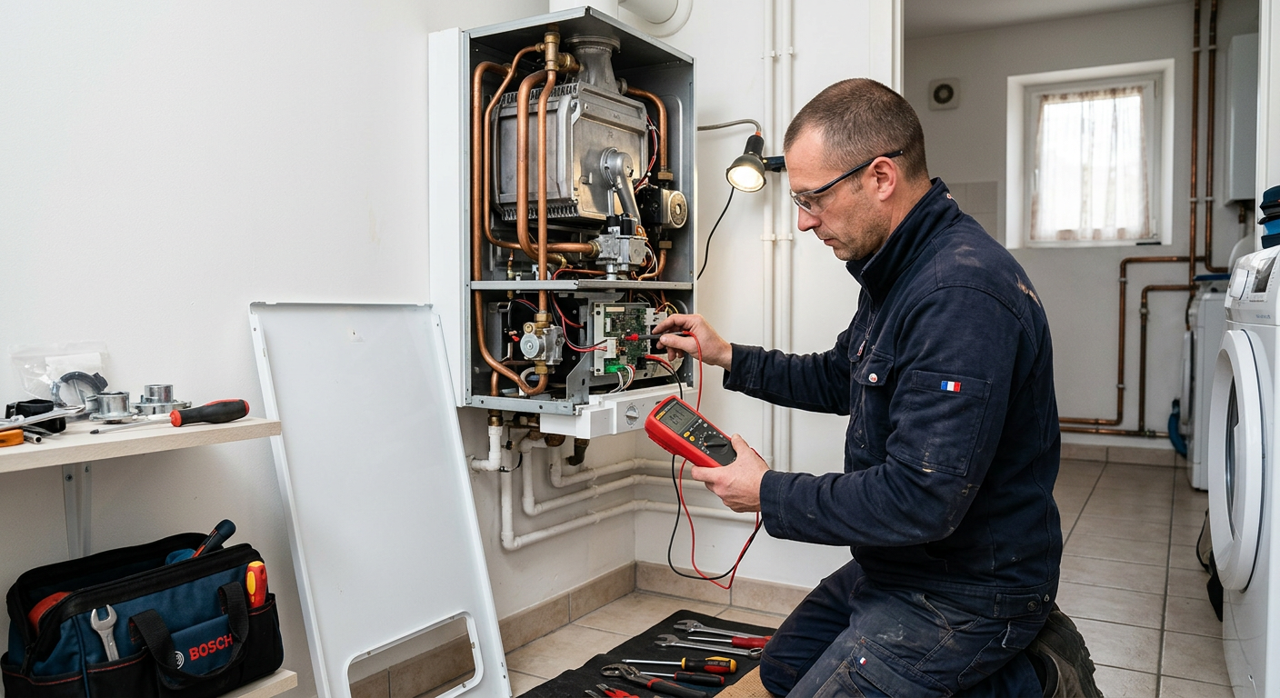 Chauffagiste réparant une chaudière gaz murale à Versailles 78